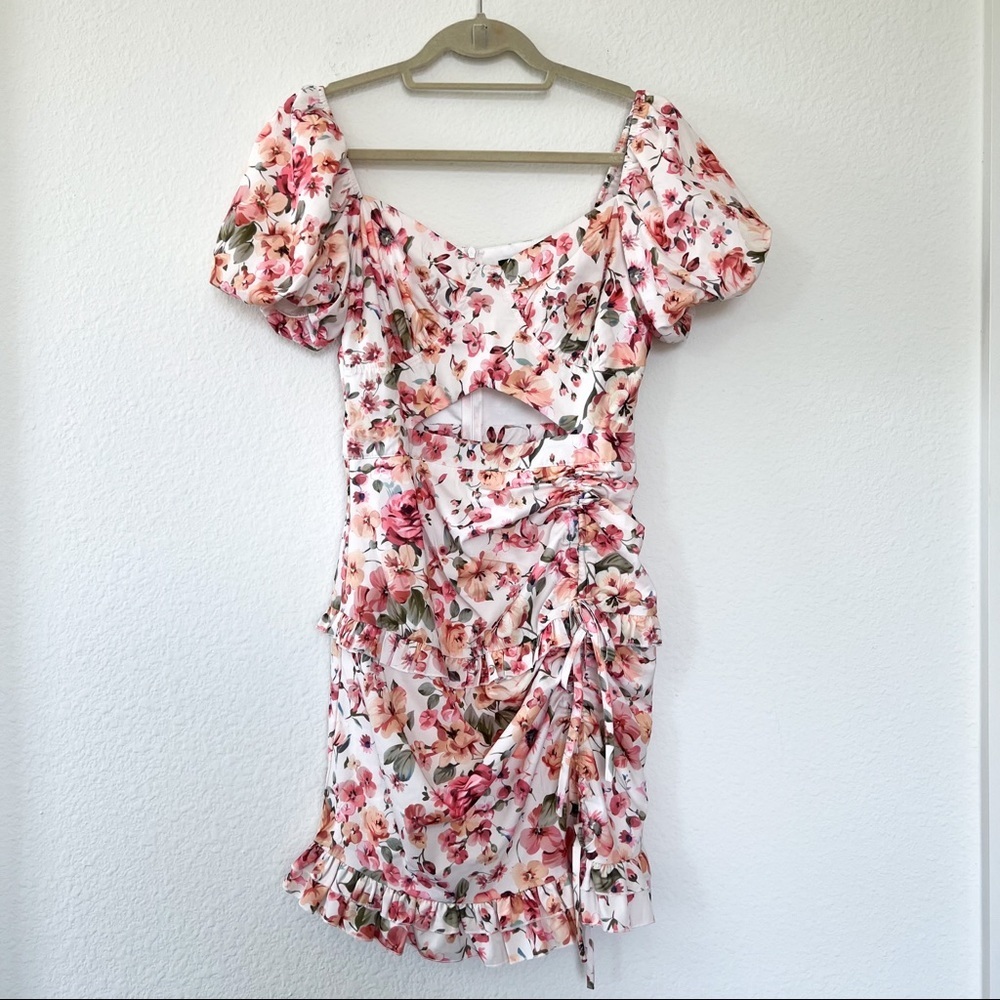Missguided Ruched Front Cut Out Mini Floral Dress